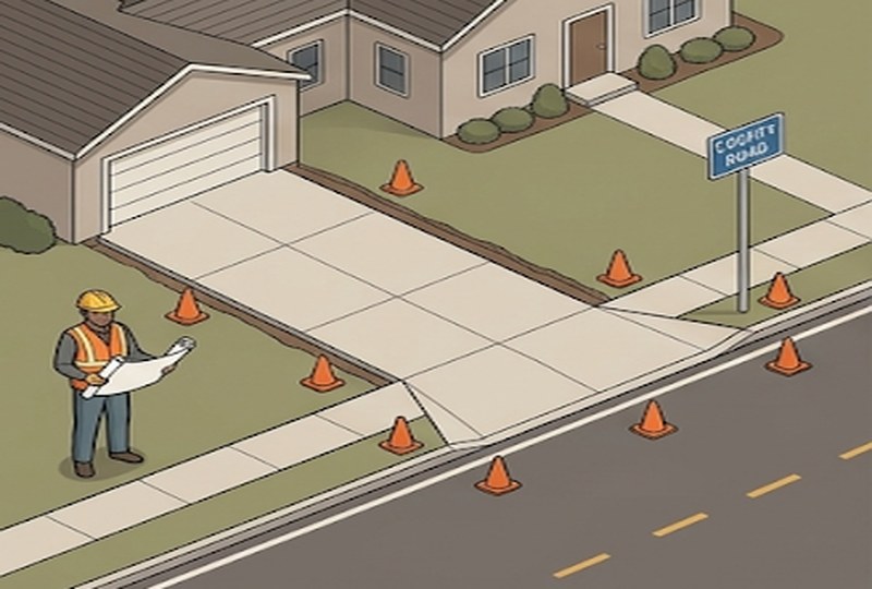 Overhead view of residential driveway being constructed on a public road — permit required before work begins