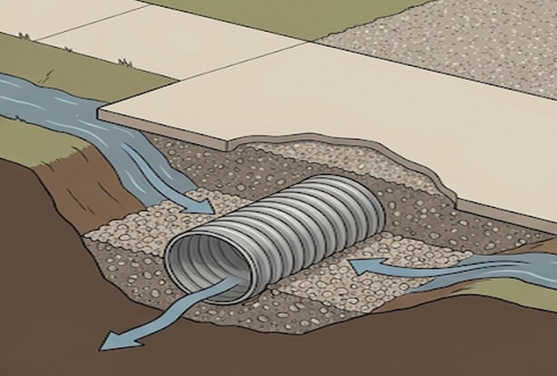 Cross-section showing corrugated metal culvert pipe installed under residential driveway apron over drainage ditch