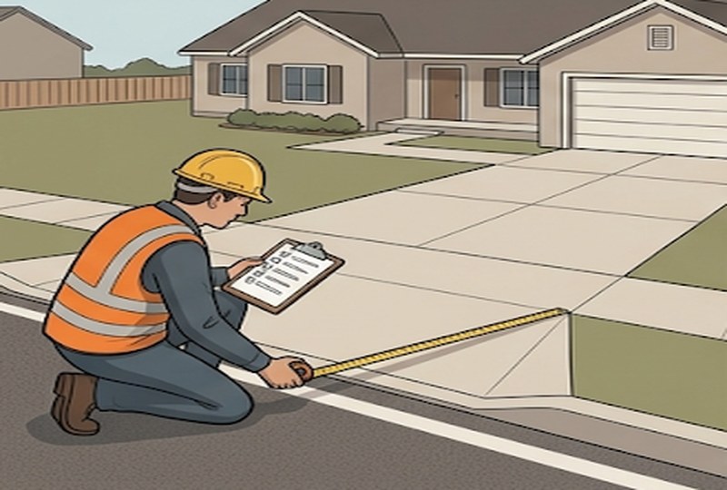 Building inspector in safety vest measuring driveway apron width during residential permit inspection