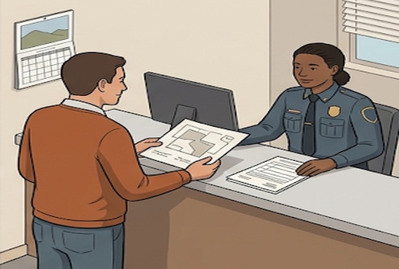 Homeowner submitting a driveway permit application at a county engineer office counter