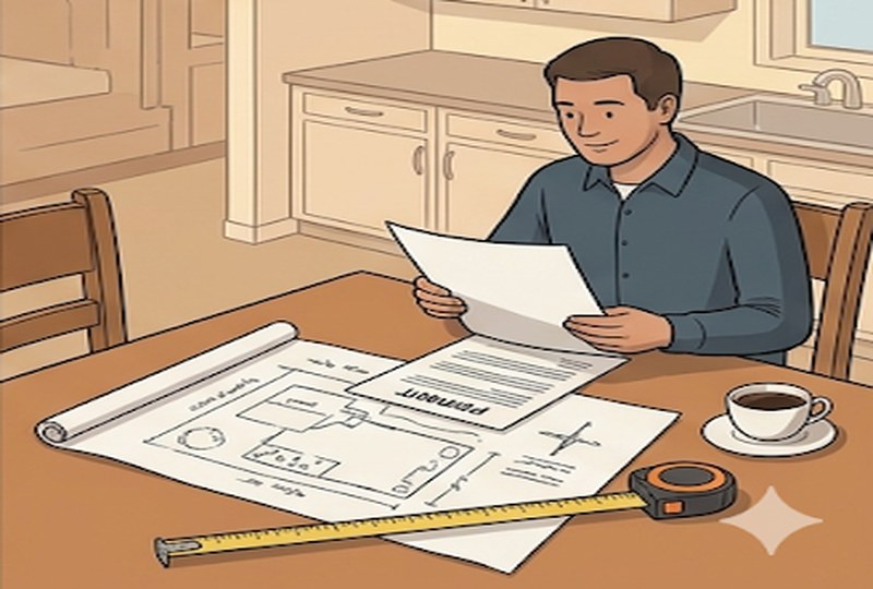 Homeowner reviewing driveway permit approval documents and site sketch at kitchen table with measuring tape