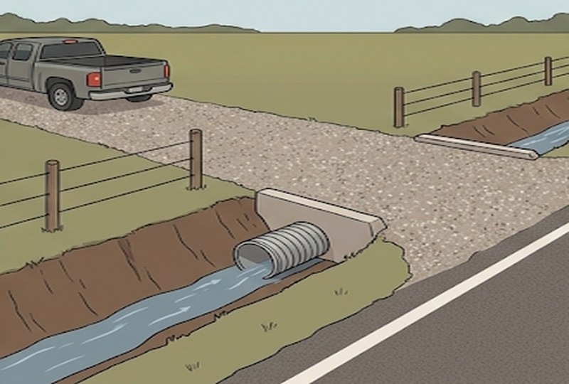 Rural driveway on a Texas county road showing corrugated metal culvert pipe crossing a drainage ditch